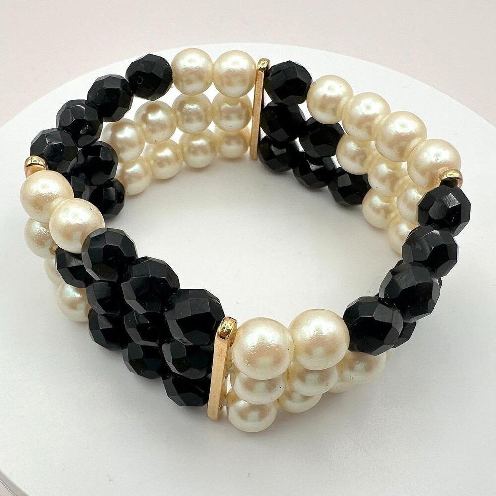 Vintage 80s Triple Strand Faux Pearl Black Bead Stretch Bracelet Elegant Jewelry